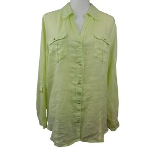 Chico's 100% Linen Button Front Shirt Size 2 Highlighter Yellow-Roll Tab Sleeve